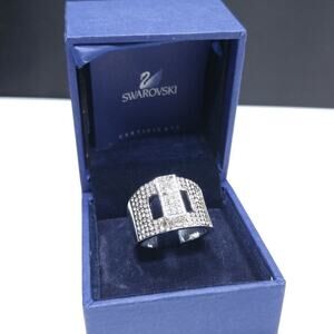 Swarovski Swan Logo Ring, Rhodium Plated, 5 Missing Pave' Rhinestones, Size 8